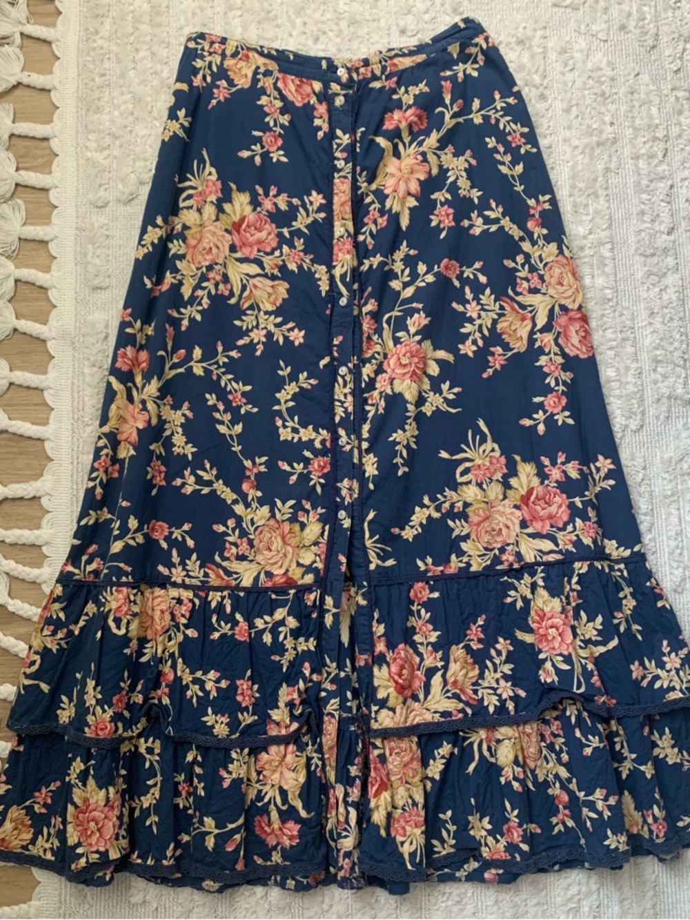 Ralph Lauren Navy Floral Maxi Skirt with Pink and Cream Blooms 100% Cotton - Picture 7 of 10